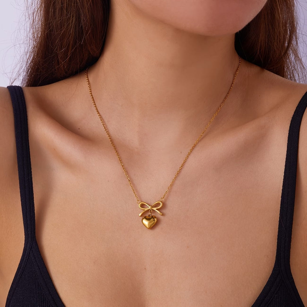Gold Bow Heart Necklace